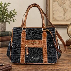 Samantha Brown Satchel Bag Women Black Brown Faux Crock Leather Carry On